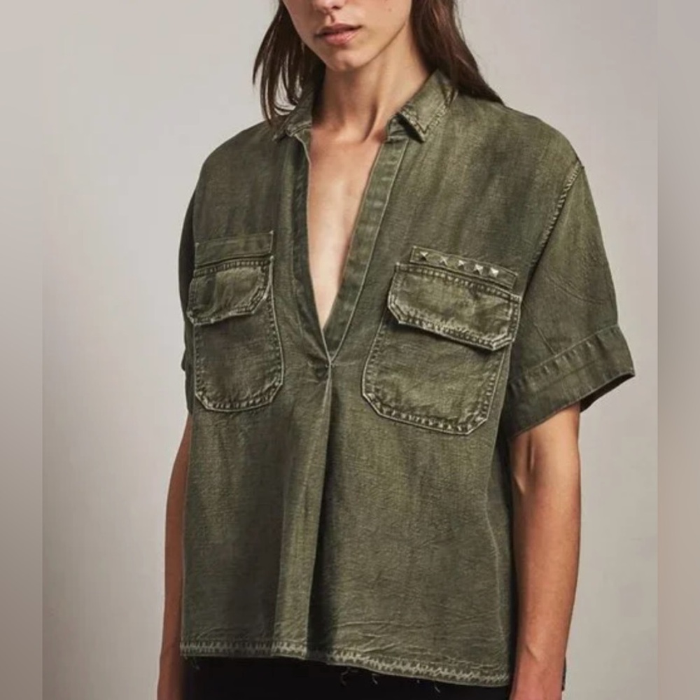 Adriano Goldschmied Anson V-neck Top Army Olive Green Tencel Linen Studded L - Picture 2 of 6